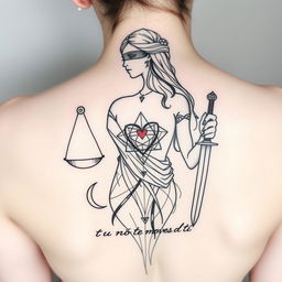 A medium-sized sketch tattoo design of the goddess Themis on the back, featuring geometric connections in micro-realism style