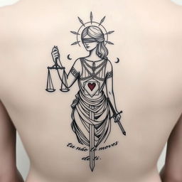 A medium-sized sketch tattoo design of the goddess Themis on the back, featuring geometric connections in micro-realism style