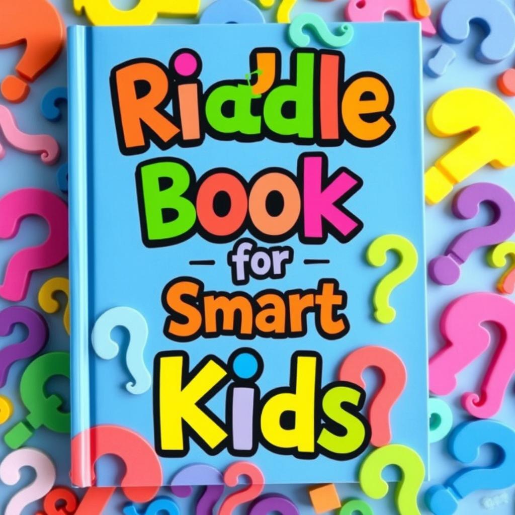 A vibrant and playful book cover titled "Riddle Book for Smart Kids" featuring a colorful bold font that captures the attention and imagination of a young audience