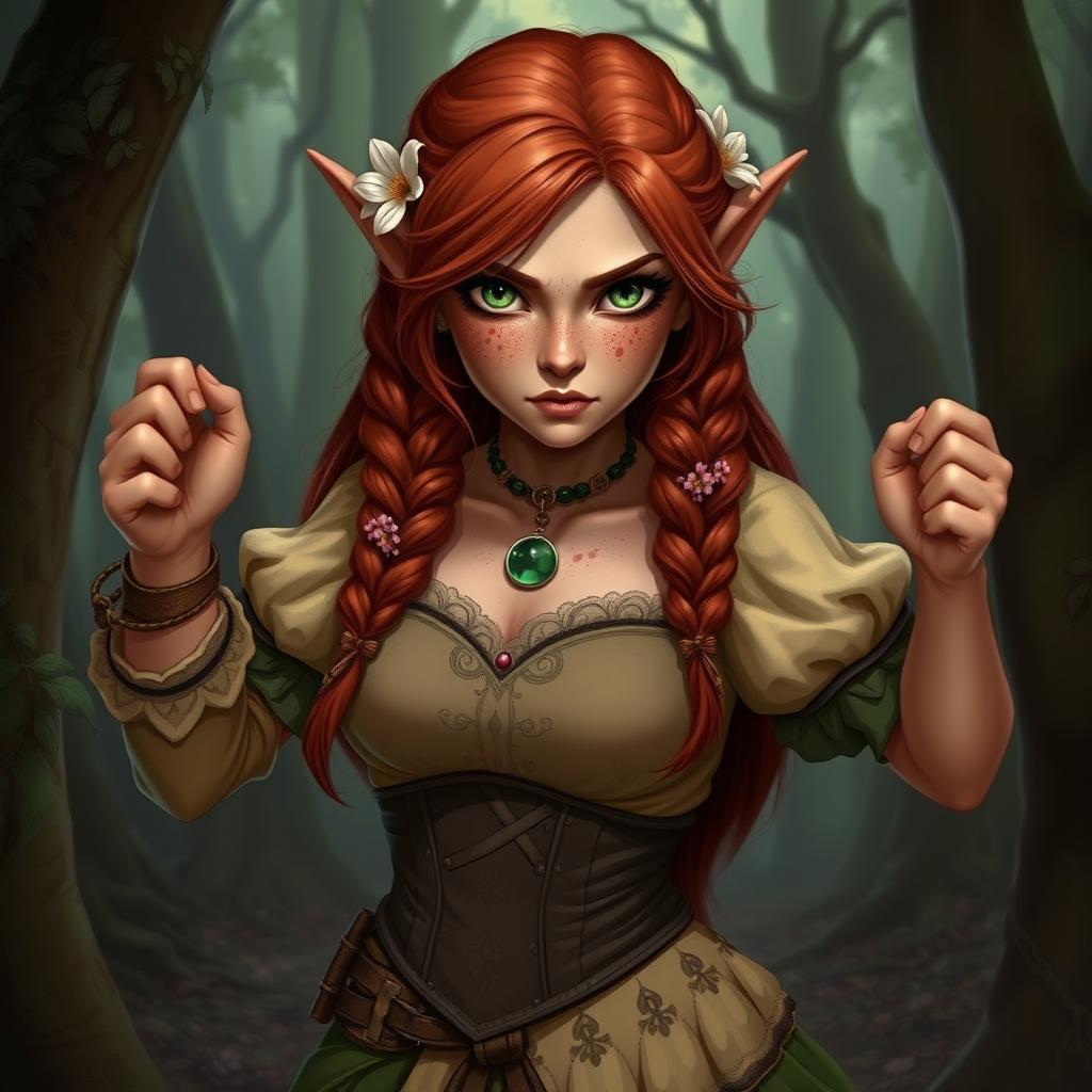 A badass mature Halfling female, exuding strength and confidence, with brown reddish hair in braids adorned with flowers