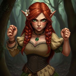 A badass mature Halfling female, exuding strength and confidence, with brown reddish hair in braids adorned with flowers