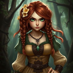 A badass mature Halfling female, exuding strength and confidence, with brown reddish hair in braids adorned with flowers