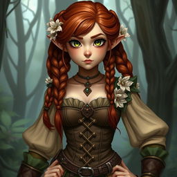 A badass mature Halfling female, exuding strength and confidence, with brown reddish hair in braids adorned with flowers