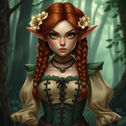 A badass mature Halfling female, exuding strength and confidence, with brown reddish hair in braids adorned with flowers