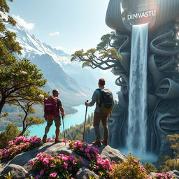 A close-up of an architect standing on a flower-covered rock, under a tree with dense foliage and large flowers