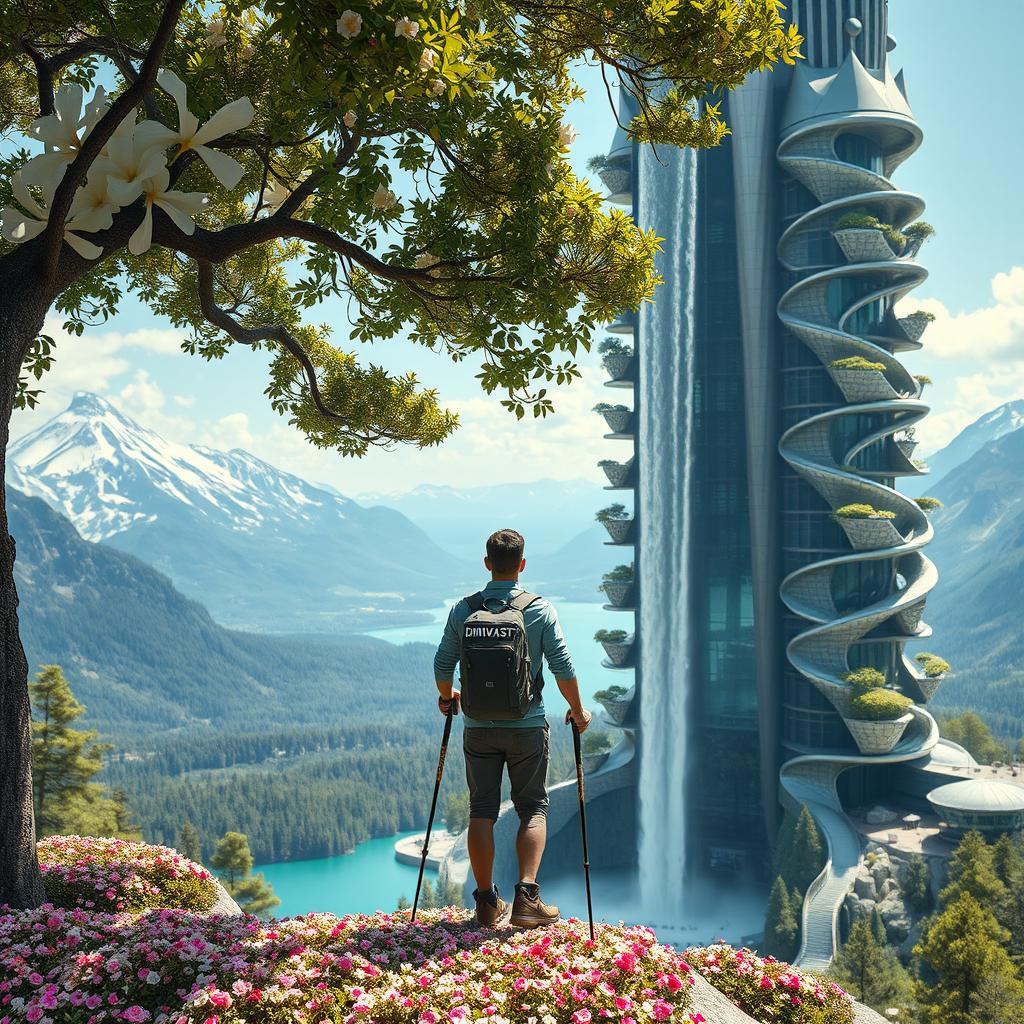 A close-up of an architect standing on a flower-covered rock, under a tree with dense foliage and large flowers