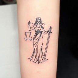 A small sketch tattoo design of the goddess Themis, featuring the essential elements: the scales of justice, a blindfold, and a sword