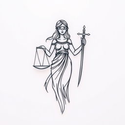 A small sketch tattoo design of the goddess Themis, featuring the essential elements: the scales of justice, a blindfold, and a sword