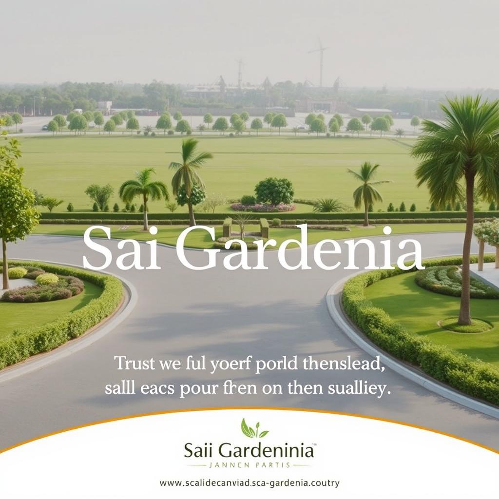 An elegant advertisement for Sai Gardenia, showcasing residential plots for sale with lush greenery and modern amenities