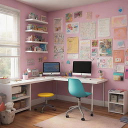 A Pixar-style image of a girl's room filled with colorful and playful elements, including a neatly organized desk with a computer and swivel chair, surrounded by books, posters, and toys.