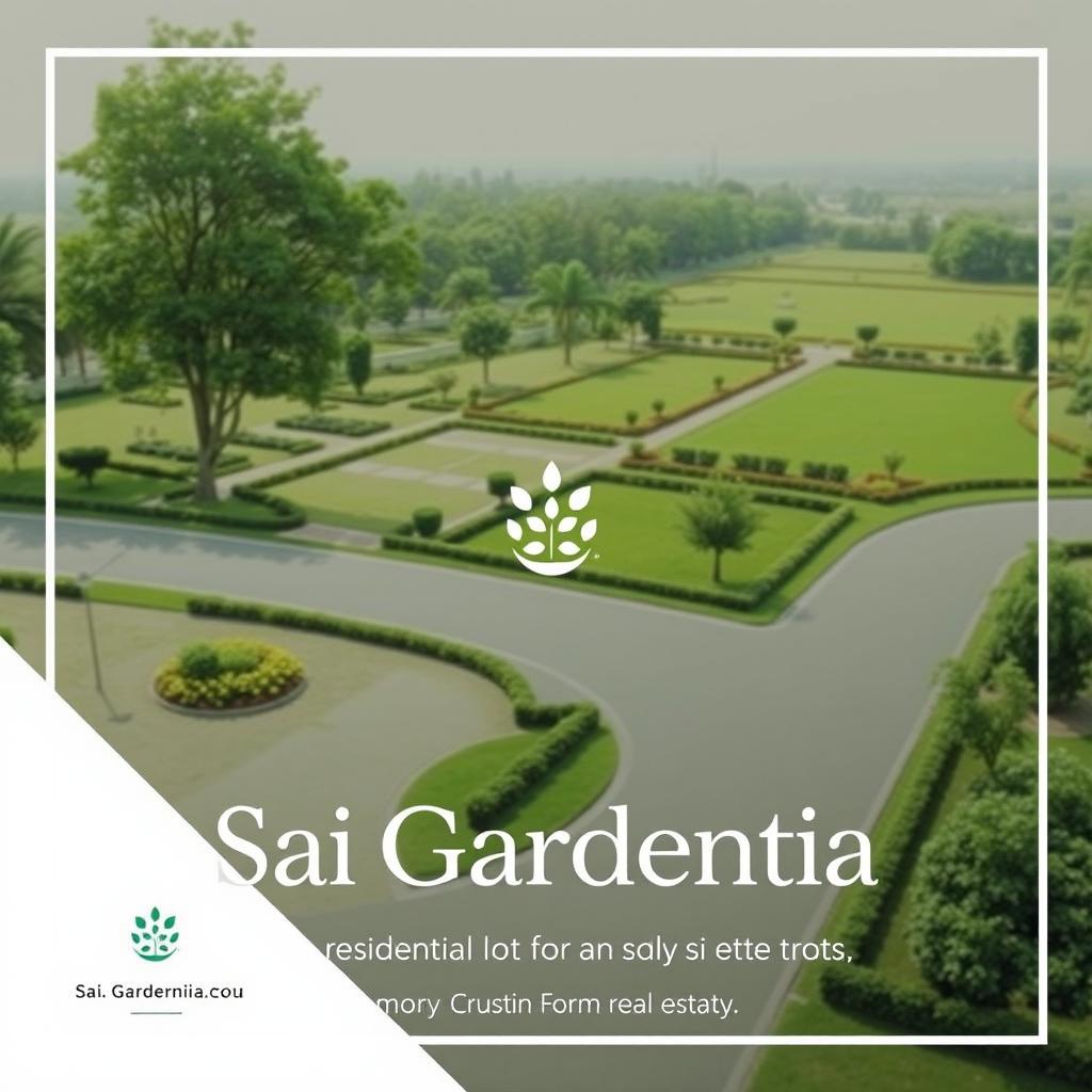 An elegant advertisement for Sai Gardenia, showcasing residential plots for sale with lush greenery and modern amenities