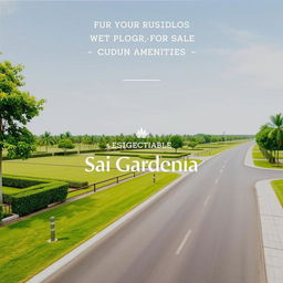 An elegant advertisement for Sai Gardenia, showcasing residential plots for sale with lush greenery and modern amenities