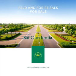 An elegant advertisement for Sai Gardenia, showcasing residential plots for sale with lush greenery and modern amenities
