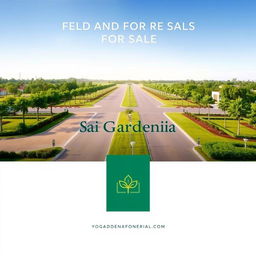 An elegant advertisement for Sai Gardenia, showcasing residential plots for sale with lush greenery and modern amenities