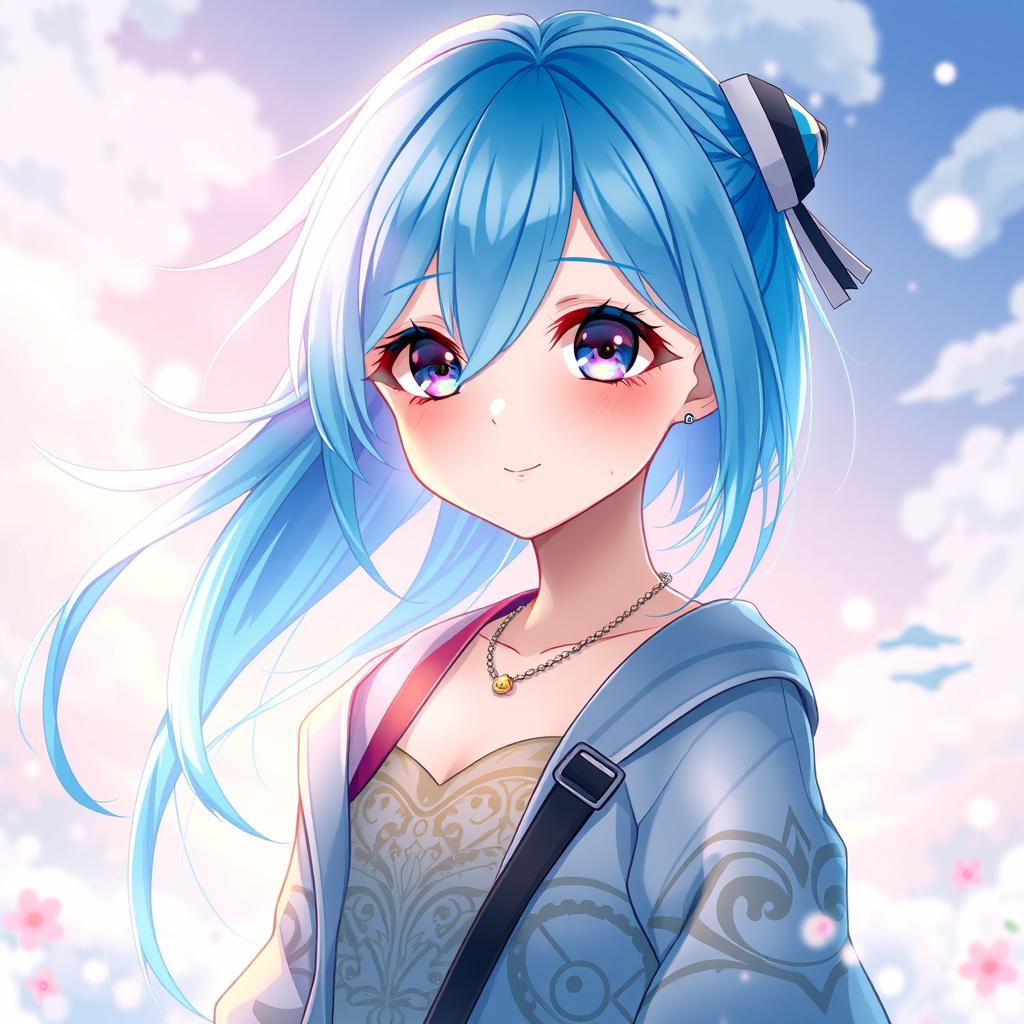 A stunning digital art piece featuring a blue-haired anime girl