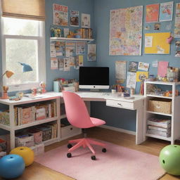 A Pixar-style image of a girl's room filled with colorful and playful elements, including a neatly organized desk with a computer and swivel chair, surrounded by books, posters, and toys.