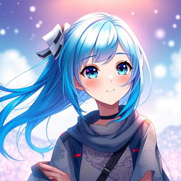 A stunning digital art piece featuring a blue-haired anime girl