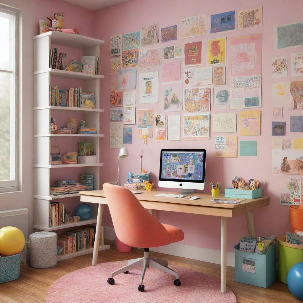 A Pixar-style image of a girl's room filled with colorful and playful elements, including a neatly organized desk with a computer and swivel chair, surrounded by books, posters, and toys.