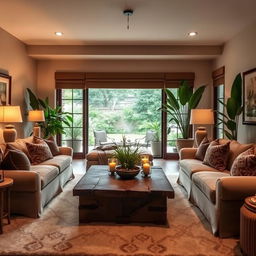 A cozy and inviting Domingo-style living room, featuring warm earth tones with brown and beige color palette