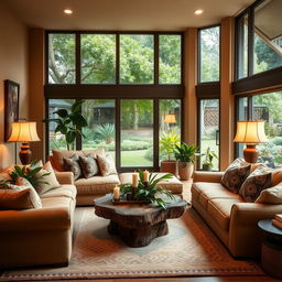 A cozy and inviting Domingo-style living room, featuring warm earth tones with brown and beige color palette