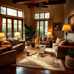 A cozy and inviting Domingo-style living room, featuring warm earth tones with brown and beige color palette