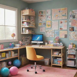 A Pixar-style image of a girl's room filled with colorful and playful elements, including a neatly organized desk with a computer and swivel chair, surrounded by books, posters, and toys.