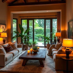 A cozy and inviting Domingo-style living room, featuring warm earth tones with brown and beige color palette