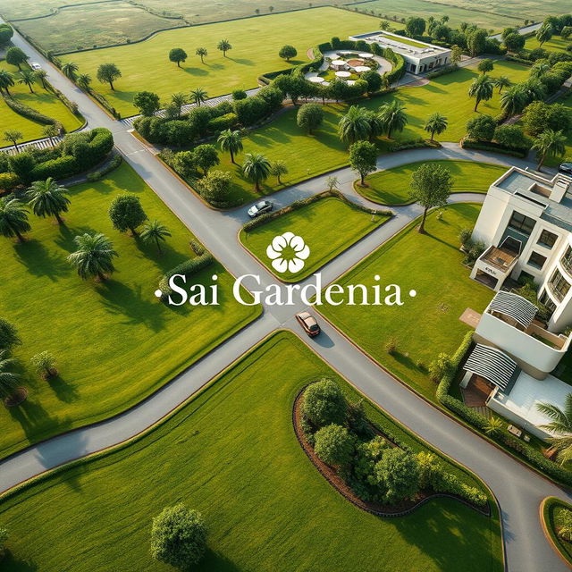 A modern and simple real estate advertisement for Sai Gardenia, featuring lush green residential plots