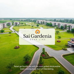 A modern and simple real estate advertisement for Sai Gardenia, featuring lush green residential plots