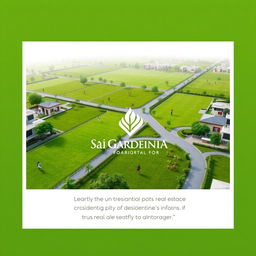 A modern and simple real estate advertisement for Sai Gardenia, featuring lush green residential plots