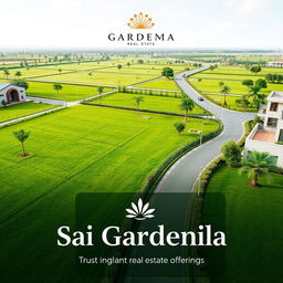 A modern and simple real estate advertisement for Sai Gardenia, featuring lush green residential plots