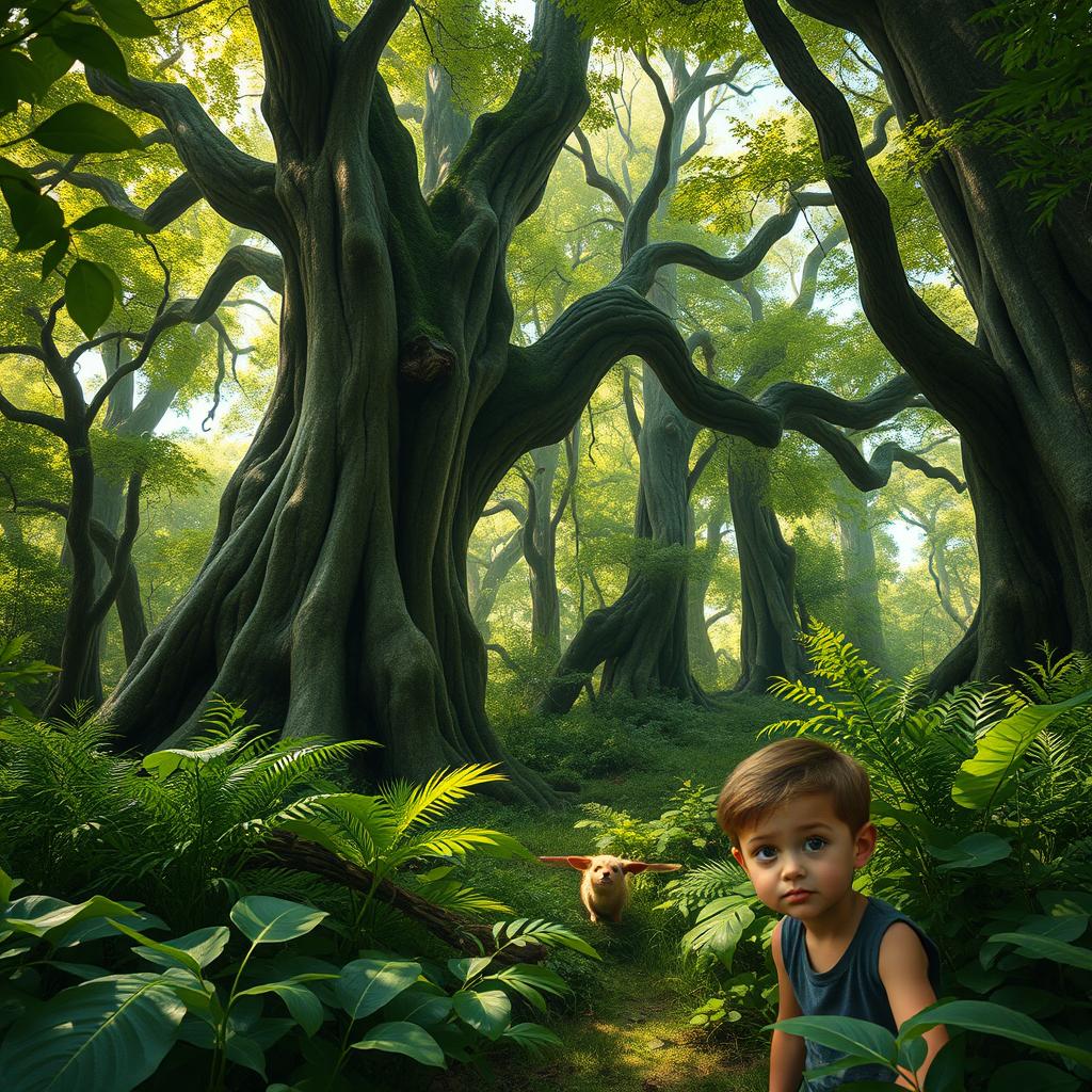 A young boy exploring a dense, mystical forest with towering ancient trees and dappled sunlight filtering through the leaves