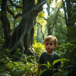 A young boy exploring a dense, mystical forest with towering ancient trees and dappled sunlight filtering through the leaves