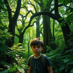 A young boy exploring a dense, mystical forest with towering ancient trees and dappled sunlight filtering through the leaves