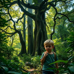 A young boy exploring a dense, mystical forest with towering ancient trees and dappled sunlight filtering through the leaves