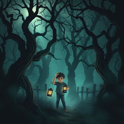 A young boy lost in a dark, eerie forest with gnarled, twisted trees casting ominous shadows