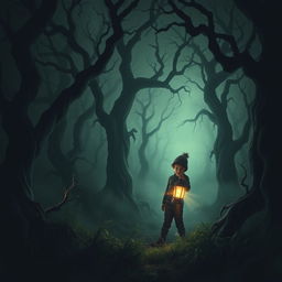 A young boy lost in a dark, eerie forest with gnarled, twisted trees casting ominous shadows