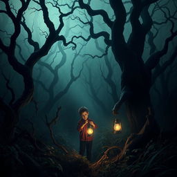 A young boy lost in a dark, eerie forest with gnarled, twisted trees casting ominous shadows