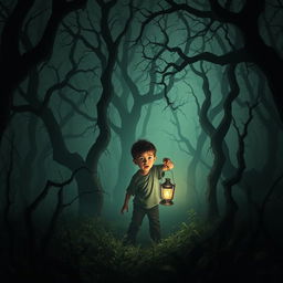 A young boy lost in a dark, eerie forest with gnarled, twisted trees casting ominous shadows