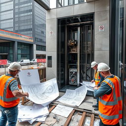 A broken elevator with exposed mechanics, amidst a construction site