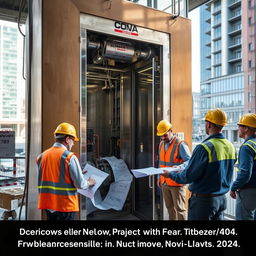 A broken elevator with exposed mechanics, amidst a construction site