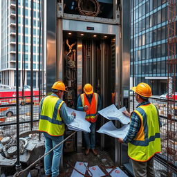 A broken elevator with exposed mechanics, amidst a construction site