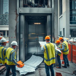 A broken elevator with exposed mechanics, amidst a construction site