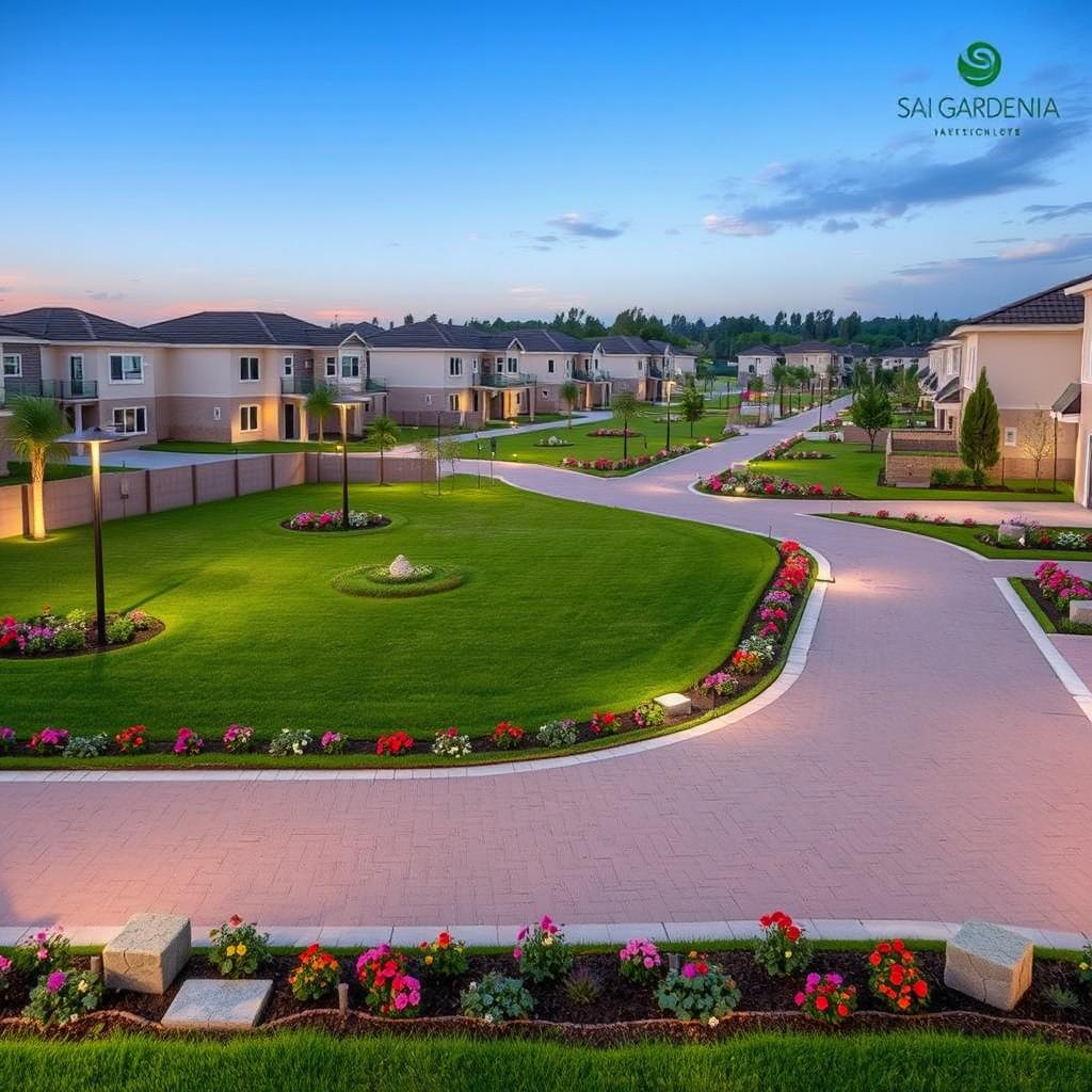 A picturesque view of residential plots in Sai Gardenia, showcasing elegantly designed landscaping with lush green lawns, flowering plants, and neatly paved pathways