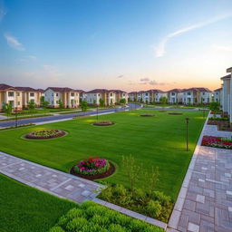 A picturesque view of residential plots in Sai Gardenia, showcasing elegantly designed landscaping with lush green lawns, flowering plants, and neatly paved pathways