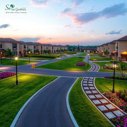 A picturesque view of residential plots in Sai Gardenia, showcasing elegantly designed landscaping with lush green lawns, flowering plants, and neatly paved pathways