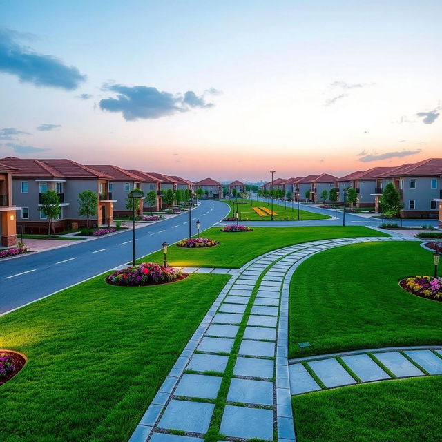 A picturesque view of residential plots in Sai Gardenia, showcasing elegantly designed landscaping with lush green lawns, flowering plants, and neatly paved pathways