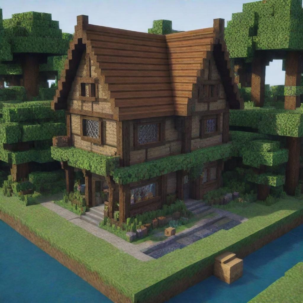 A detailed and well-crafted medieval house in the blocky, pixel-art style of Minecraft. The house is surrounded by lush, pixelated greenery.