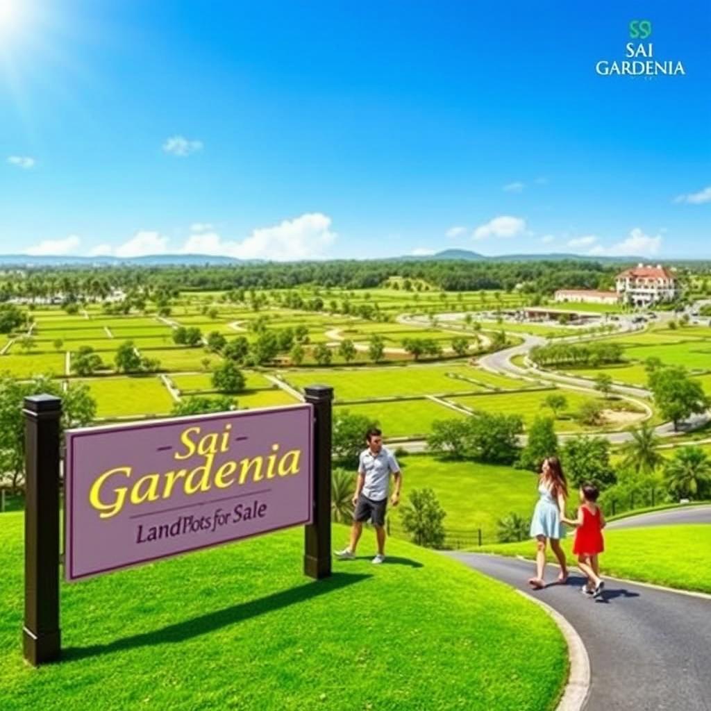 A vibrant advertisement for the sale of land plots in a picturesque residential area called 'Sai Gardenia'