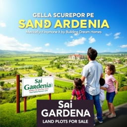 A vibrant advertisement for the sale of land plots in a picturesque residential area called 'Sai Gardenia'